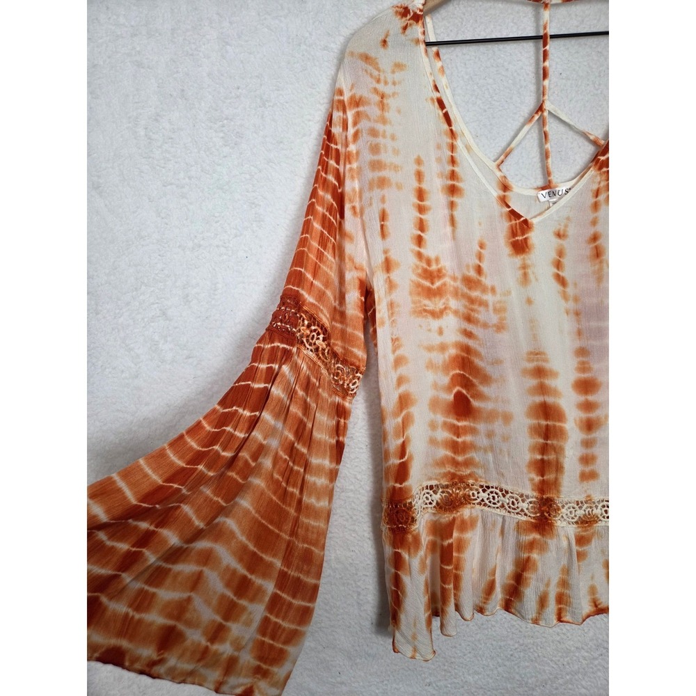 Venus Rayon Tie Dye Bell Sleeve Boho Lace Trim L Top Hippie Western